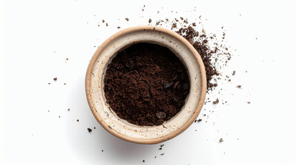 Cup with spent coffee grounds for fortune telling on white