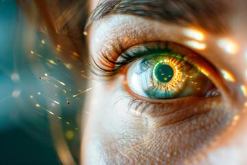 Eye in an high tech environment. Close up of woman eye in process of scanning.