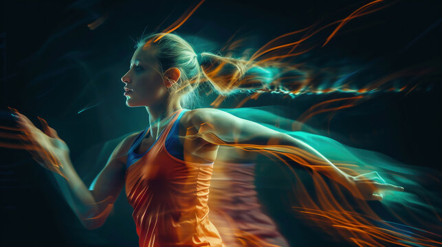 Athletic young woman in yellow sportswear captured in motion, training, running against black background with stroboscope effect. Concept of sport, active and healthy lifestyle, endurance