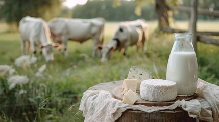 Fototapeta premium A glass of milk is on a wooden table next to a piece of cheese