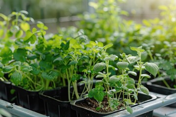 crop seedlings trays in greenhouse. Seedling nursery. Smart farming, innovative organic agriculture