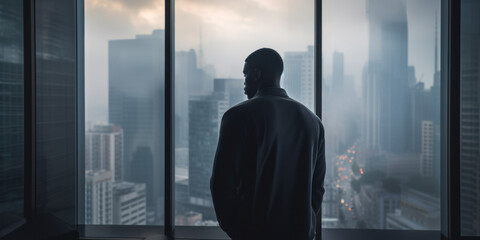 Fototapeta premium Contemplative Man Overlooking Foggy Urban Morning. Person Silhouette on City Landscape Background. Generative AI
