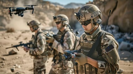 Fototapeta premium Three soldiers are standing in a desert, one of them holding a camera