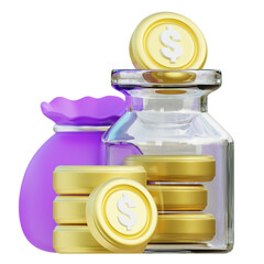 3D Investment Options with Money Bag and Glass Jar Concept