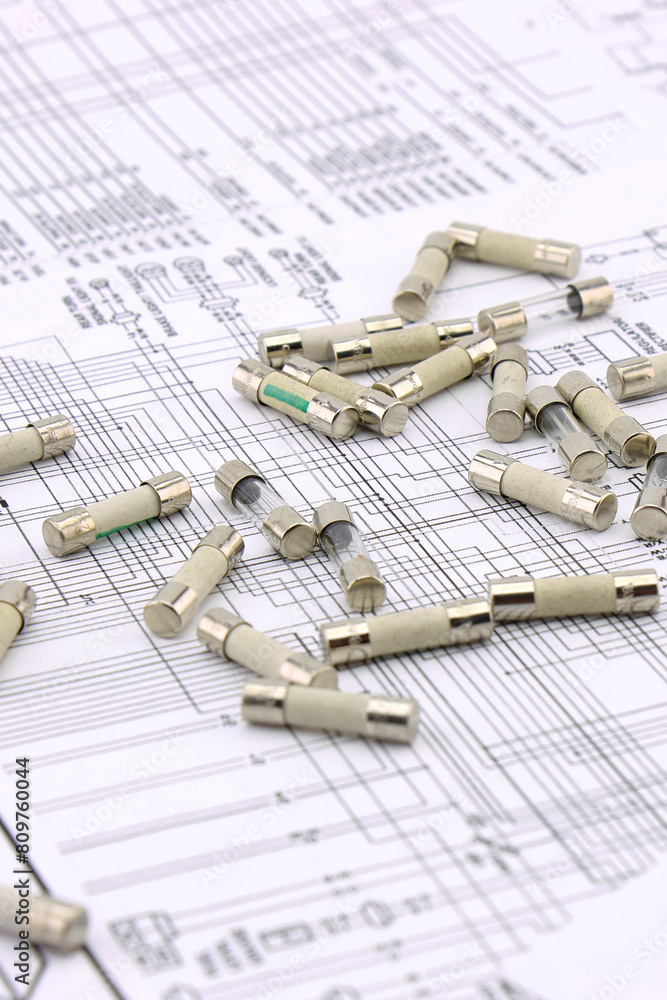 Wall mural Fuses for protection of electrical loads on an electronic diagram. Close-up.