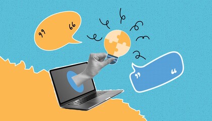 collage. flat drawing. business drawing. business. work. education. knowledge. a laptop. work with a computer. plan. idea. action. strategy. beautiful collage. on a colored background. noise.