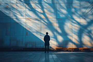 A solitary figure stands before a wall, imparted with geometric shadows cast by out of frame obstacles, casting a unique pattern