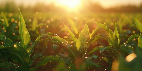 Fototapeta premium A field of green corn with the sun shining on it
