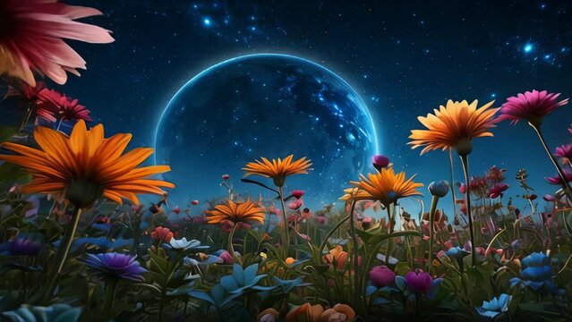 Vibrant flowers bloom under a mystical cosmic sky. AI.