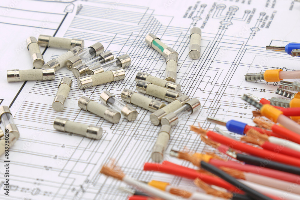 Wall mural Fuses for protection of electrical loads on an electronic diagram. Close-up.