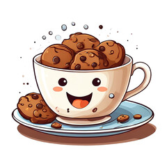 cute tea cup smiling, choco cookies in a plate,illustration isolated on abstract white background