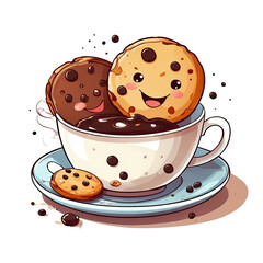 cute tea cup smiling, choco cookies in a plate,illustration isolated on abstract white background