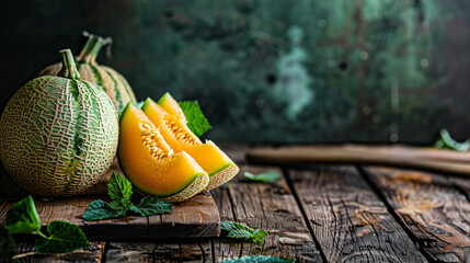 Cut ripe melon on wooden table