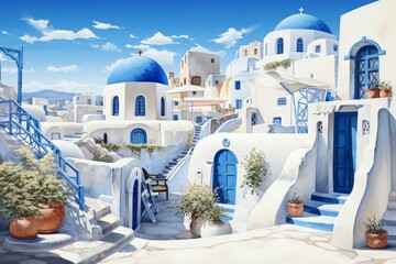 Picturesque view of traditional white buildings and blue domes in santorini, greece, on a sunny day