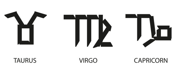 Vector modern Geometry shapes Zodiac Signs isolated transparent background. Set Zodiac Signs in trendy Geometry Straight lines style. Taurus Virgo Capricorn on white. Astrology elements of earth.