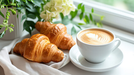 Cappuccino and croissants on the windowsill.