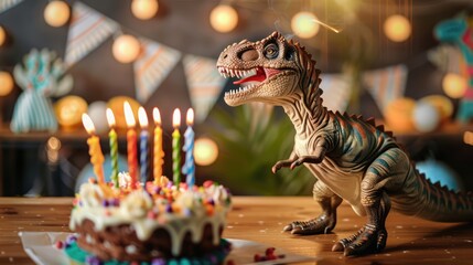 Dinosaur blowing out birthday cake candles