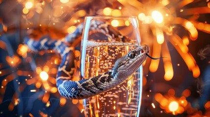A snake is submerged in a glass of water against a backdrop of glowing lights