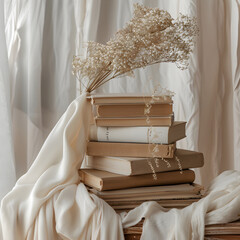 still life of a banch of books, vintage look, neutral colors.