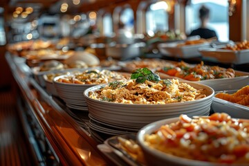 A tempting pasta dish garnished with fresh greens served in white bowls, highlighting Italian cuisine's appeal on a buffet setting