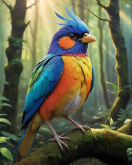 Colorful parrot on a branch in the forest. 3d rendering