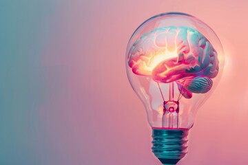 A closeup of a human brain inside a glowing light bulb against a soft pastel background - Powered by Adobe