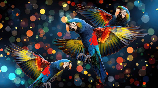 Three parrots and colorful bokeh on background. Animal wallpaper