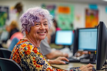 Senior Computer Class Instructor Woman with Purple Hair - Empowering Elderly Learners in a Community Center
