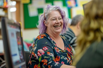 An older woman with soft purple hair, wearing a bright floral blouse, smiling as she teaches basic computer skills to a group of enthusiastic seniors at a community center