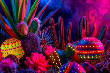 A group of vibrant cactus plants adorned with colorful lights, creating a festive and lively atmosphere - Powered by Adobe