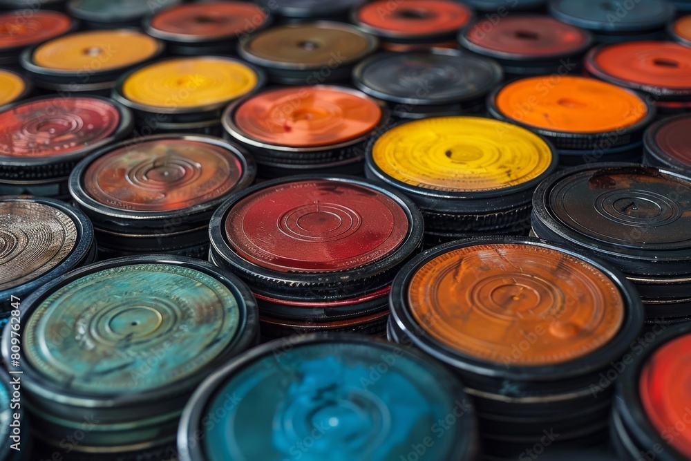 Poster an array of paint cans with vibrant and colorful lids in detailed close-up, highlighting creativity 