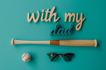 Layout father's day concept photo card with baseball items and inscription lettering WITH MY DAD