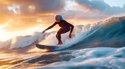 An older woman with vibrant turquoise-colored hair, riding a large wave on a surfboard at dawn 