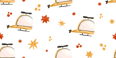 Seamless pattern with cartoon yellow helicopter. Children's clipart with air transport and stars. Travel by sky. Hand drawn illustration on isolated background