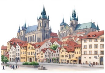 Obraz premium Czech Country Landscape Watercolor Illustration Art