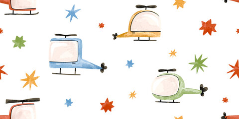 Seamless pattern with cartoon colored helicopter. Background with air transport. Travel by sky. Airplane. Hand drawn illustration on isolated background © Ilona
