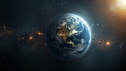 Naklejka premium Blue planet visible from outer space, orbital view of planet Earth in cosmos