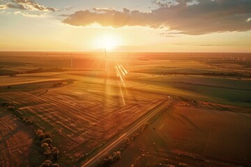 Sun setting over a vast farmland with wind turbines in the background - Powered by Adobe