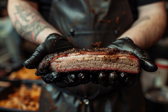 A barbeque chef wearing black gloves and holding a juicy piece of sliced smoked brisket.