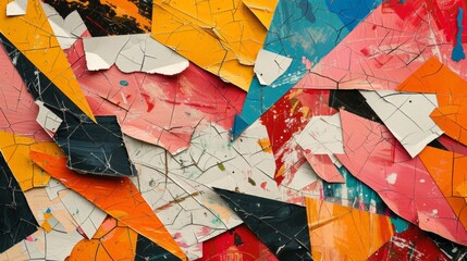 Collage of torn paper pieces creating dynamic shapes.