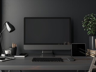 Minimalist Modern Workspace with Desktop Computer and Gadgets.