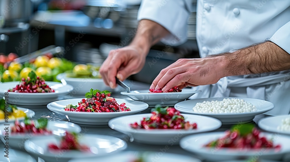 Poster a chef in a uniform is meticulously preparing an array of dishes on a table adorned with numerous pl