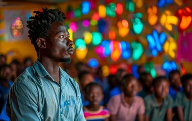 Obraz premium A man with dreadlocks is standing in front of a crowd of people. The crowd is watching him intently