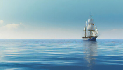 Sailing ship in the sea, minimalist  background