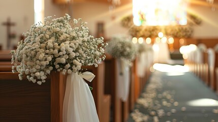 A church with white flowers on the pews
