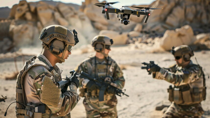 Three soldiers are in a desert, one of them is holding a rifle