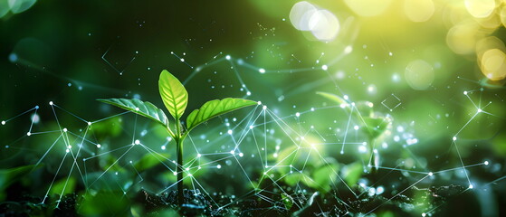 abstract biotechnology innovation, dynamic digital background with molecular structures and technological elements Overlaid with images of green biotechnology seedlings