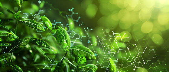 abstract biotechnology innovation, dynamic digital background with molecular structures and technological elements Overlaid with images of green biotechnology seedlings