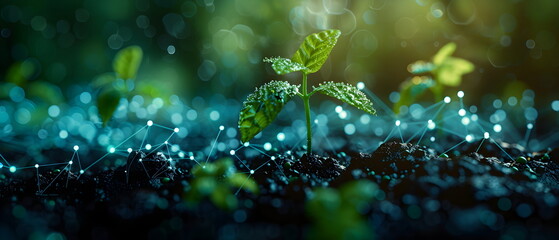 abstract biotechnology innovation, dynamic digital background with molecular structures and technological elements Overlaid with images of green biotechnology seedlings