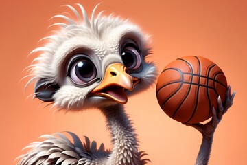 cute sporty happy ostrich playing basketball
